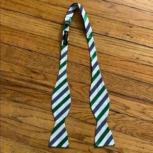 White green and blue striped bow tie